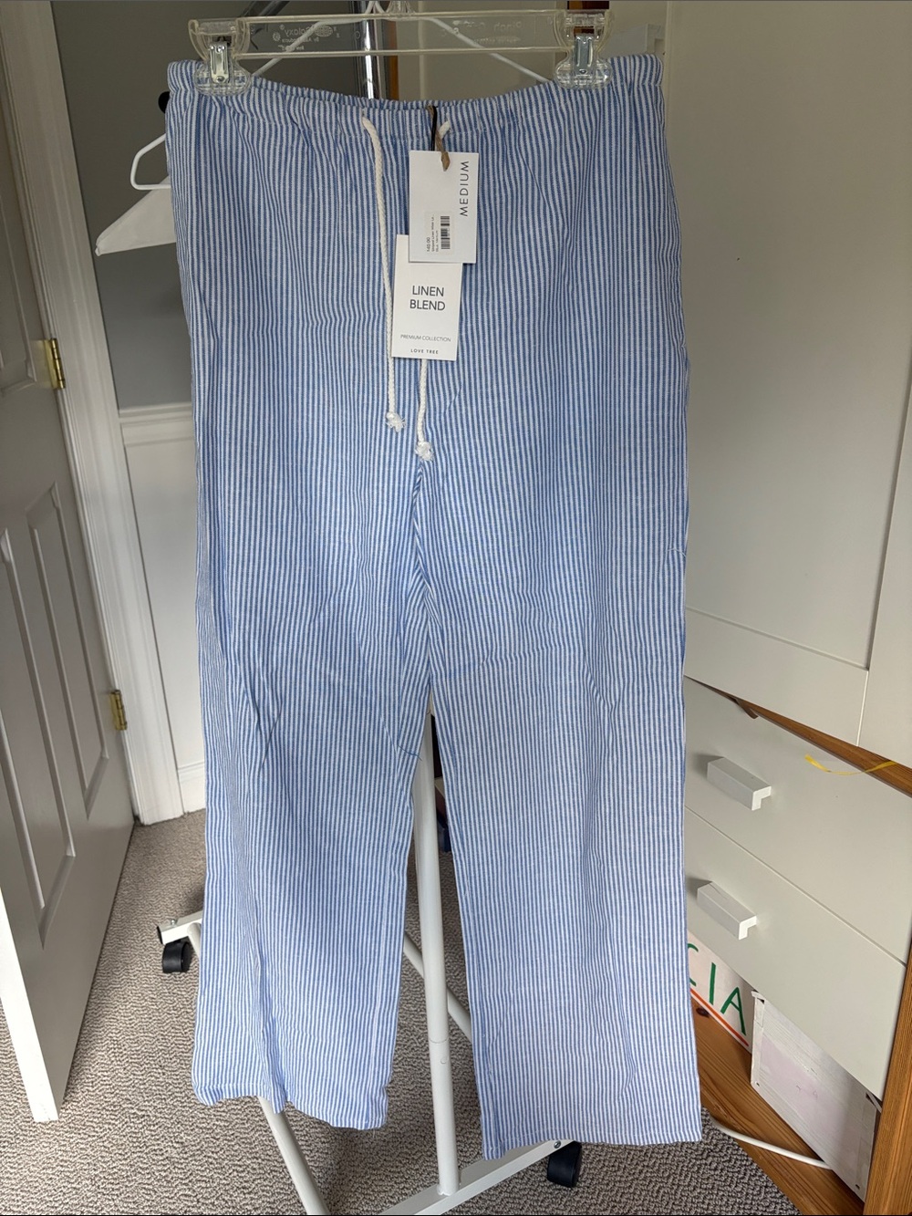 Love Tree Blue and White Striped Linen-Blend Chinos
